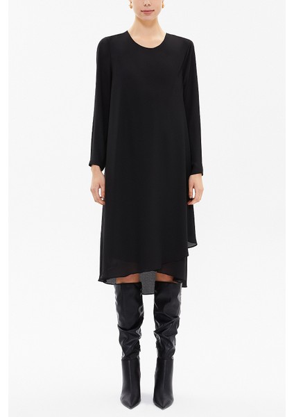 Siyah Asimetrik Kesim Şifon Midi Elbise 92549