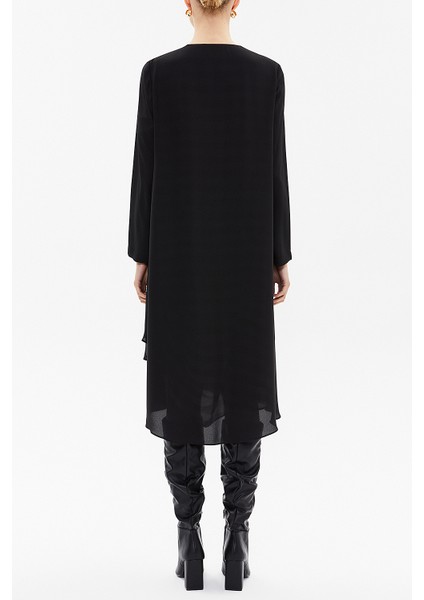 Siyah Asimetrik Kesim Şifon Midi Elbise 92549 fırsatları