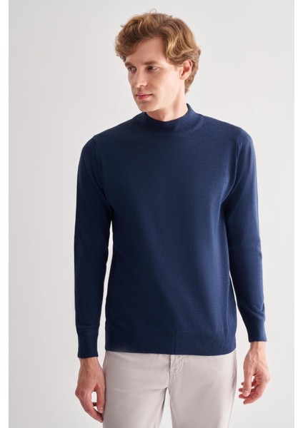 Indigo Mavi Yarım Balıkçı Yaka Cepsiz Comfort Fit Classic Pamuklu Triko Kazak 1012255001