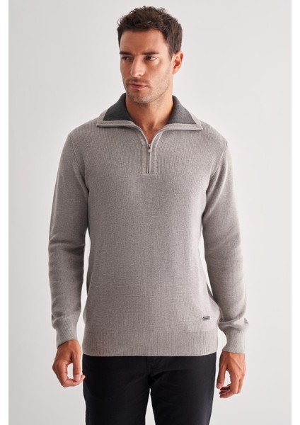 Gri Fermuarlı Yarım Balıkçı Uzun Kol Cepsiz Comfort Fit Casual Pamuklu Triko Kazak 1012255204