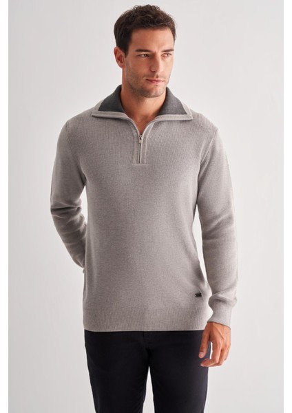 Gri Fermuarlı Yarım Balıkçı Uzun Kol Cepsiz Comfort Fit Casual Pamuklu Triko Kazak 1012255204 modelleri