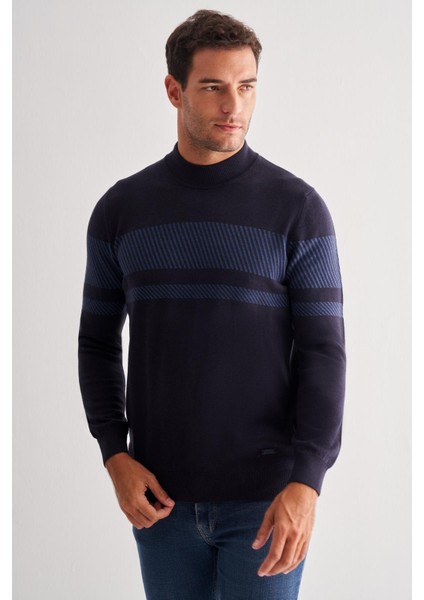 Koyu Lacivert Yarım Balıkçı Yaka Uzun Kol Cepsiz Comfort Fit Pamuklu Triko Kazak 1012255213