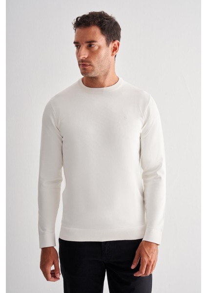 Ekru Uzun Kol Bisiklet Yaka Cepsiz Slim Fit Triko 1012255151