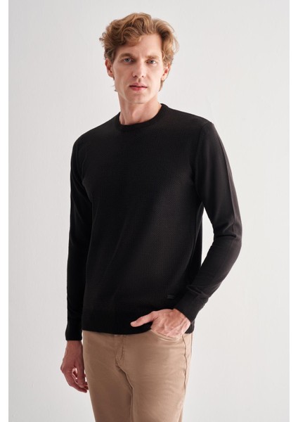 Siyah Bisiklet Yaka Uzun Kol Cepsiz Comfort Fit Pamuklu Triko Kazak 1012255220