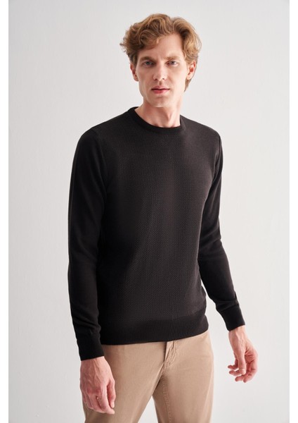 Siyah Bisiklet Yaka Uzun Kol Cepsiz Comfort Fit Pamuklu Triko Kazak 1012255220 modelleri