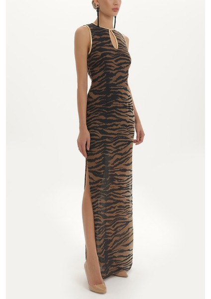 Siyah Leopar Baskılı Uzun Şifon Uzun Elbise 91364