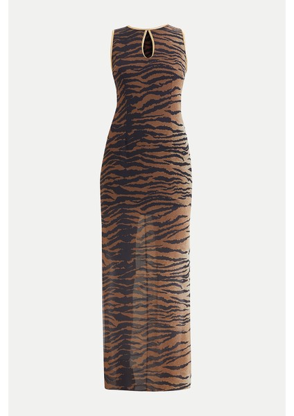 Siyah Leopar Baskılı Uzun Şifon Uzun Elbise 91364