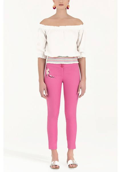 Pembe Nakışlı Dar Kesim Pantolon 41248
