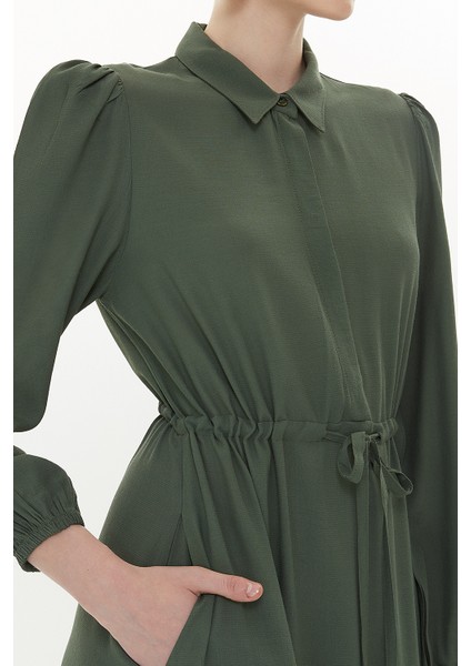 Haki Büzgülü Kemer Detaylı Midi Elbise 93323