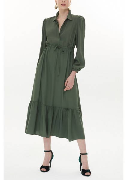 Haki Büzgülü Kemer Detaylı Midi Elbise 93323