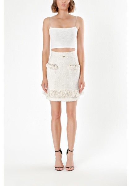 Ekru Püskül Detaylı Yün Etek 80471