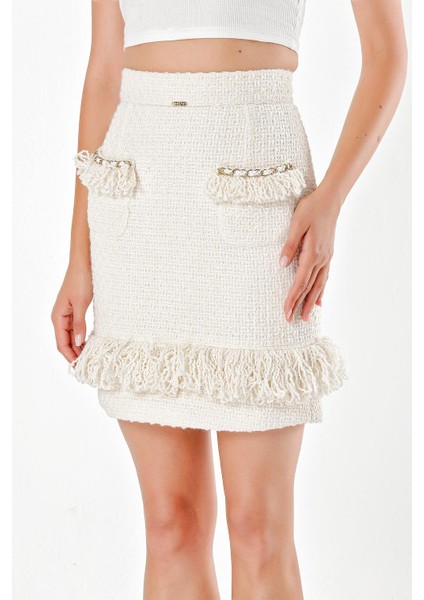 Ekru Püskül Detaylı Yün Etek 80471
