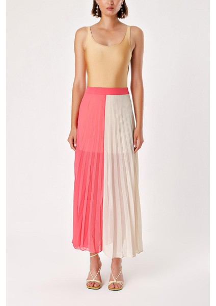 Bej Kırmızı Pilili Fermuarlı Uzun Etek 80503