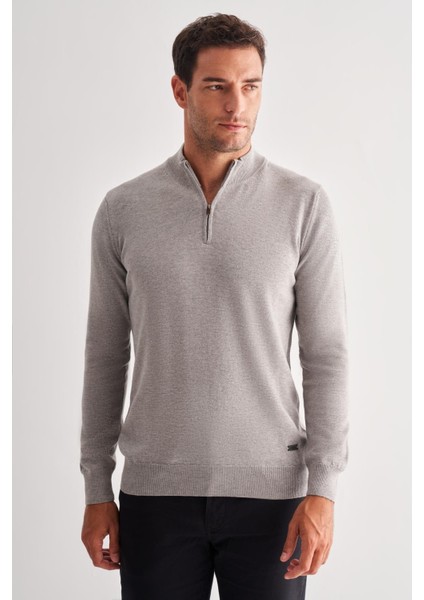 Gri Fermuarlı Dik Yaka Uzun Kol Cepsiz Comfort Fit Classic Pamuklu Triko Kazak 1012255201