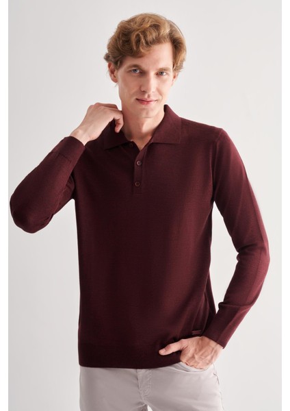 Bordo Polo Yaka Cepsiz Comfort Fit Classic Pamuklu Triko Kazak 1012255007