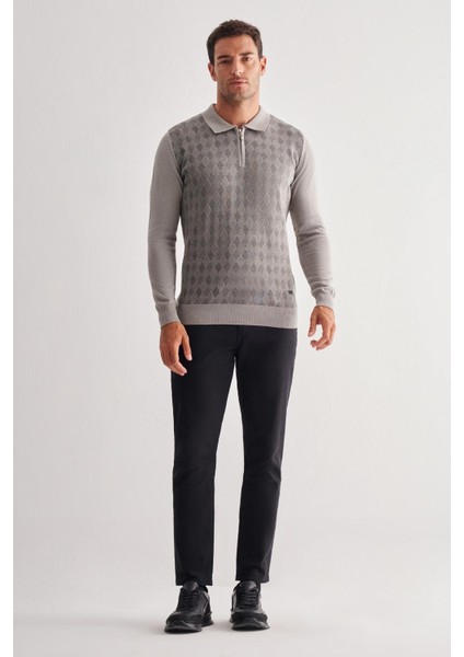 Açık Gri Fermuarlı Polo Yaka Uzun Kol Cepsiz Comfort Fit Pamuklu Triko Kazak 1012255223 fiyatları