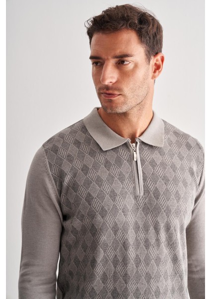Açık Gri Fermuarlı Polo Yaka Uzun Kol Cepsiz Comfort Fit Pamuklu Triko Kazak 1012255223 fırsatları
