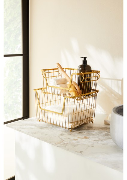 2'li Altın Renk Metal Sepet Set 32 x 22 x 16 / 33 x 27 x 20 cm