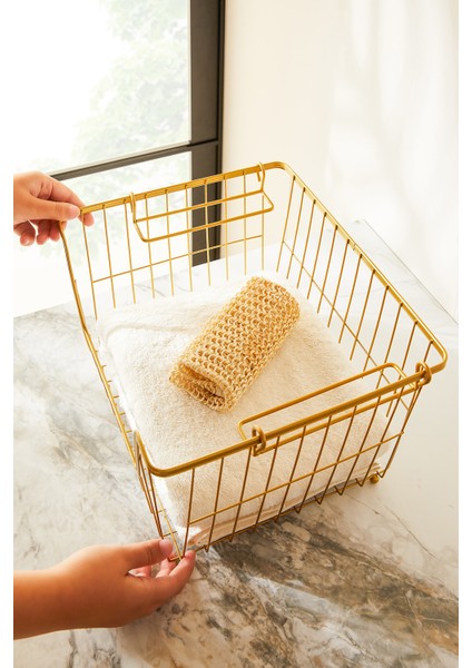 2'li Altın Renk Metal Sepet Set 32 x 22 x 16 / 33 x 27 x 20 cm modelleri