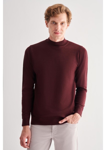 Bordo Yarım Balıkçı Yaka Cepsiz Comfort Fit Classic Pamuklu Triko Kazak 1012255001