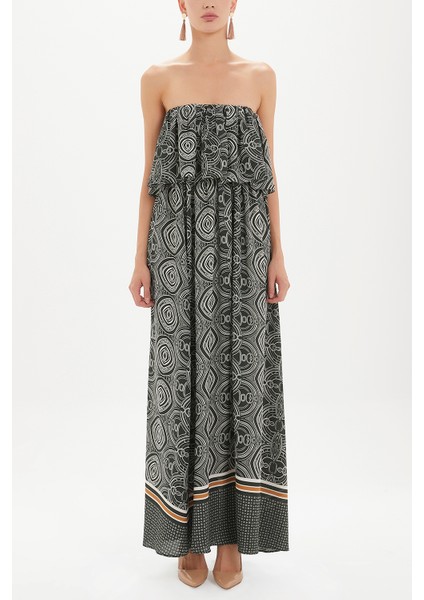 Yeşil Straplez Volanlı Uzun Elbise 92331