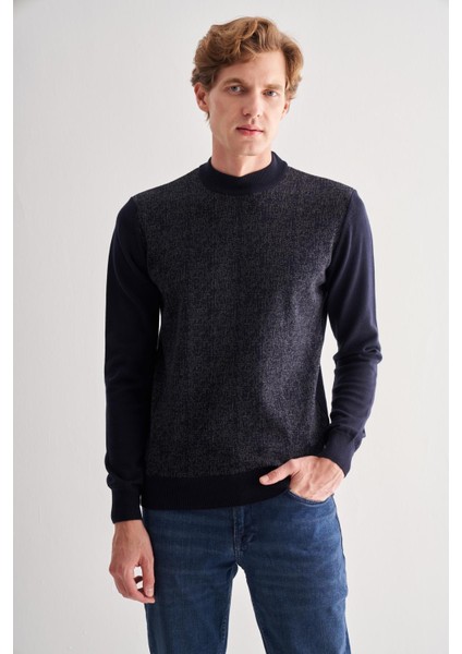 Koyu Lacivert Yarım Balıkçı Yaka Uzun Kol Cepsiz Comfort Fit Pamuklu Triko Kazak 1012255215