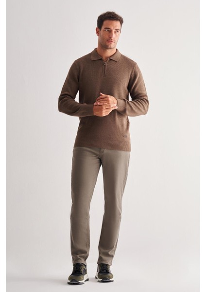 Kahverengi Fermuarlı Polo Yaka Uzun Kol Cepsiz Comfort Fit Casual Pamuklu Triko Kazak 1012255202 fiyatları