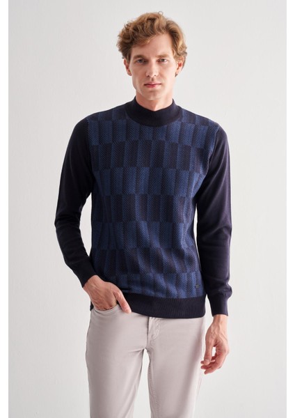 Koyu Lacivert Yarım Balıkçı Yaka Uzun Kol Cepsiz Comfort Fit Pamuklu Triko Kazak 1012255212