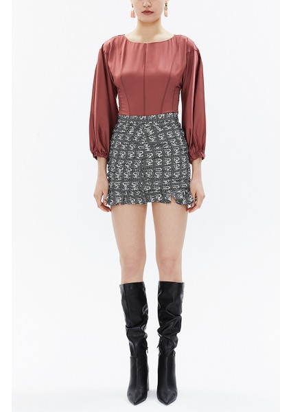 Puantiyeli Büzgülü Dar Kesim Midi Etek 81123