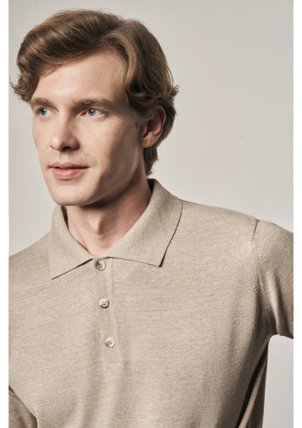 Açık Bej Polo Yaka Cepsiz Comfort Fit Classic Pamuklu Triko Kazak 1012255007