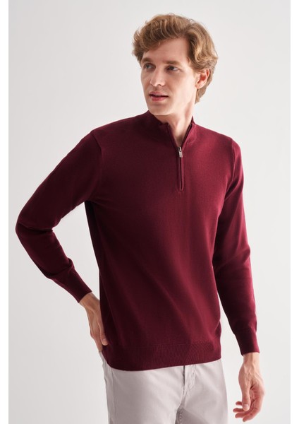 Bordo Fermuarlı Dik Yaka Uzun Kol Cepsiz Comfort Fit Classic Pamuklu Triko Kazak 1012255201
