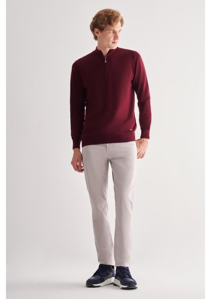 Bordo Fermuarlı Dik Yaka Uzun Kol Cepsiz Comfort Fit Classic Pamuklu Triko Kazak 1012255201 fiyatları