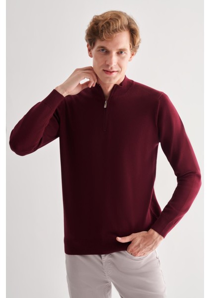 Bordo Fermuarlı Dik Yaka Uzun Kol Cepsiz Comfort Fit Classic Pamuklu Triko Kazak 1012255201 modelleri