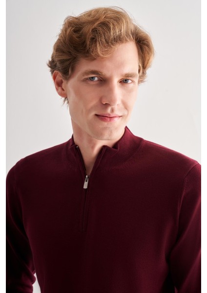 Bordo Fermuarlı Dik Yaka Uzun Kol Cepsiz Comfort Fit Classic Pamuklu Triko Kazak 1012255201 fırsatları