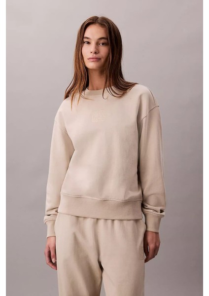 Kadın Regular Kalıp Bisiklet Yaka Sweatshirt - Bej