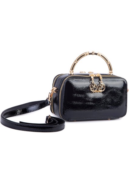 Kadın Mini El ve Çapraz Çanta Siyah Rugan (En :18 cm Boy:10 Cm)