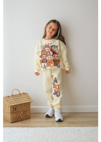 Kız Çocuk Labubu Modelli 3 Iplik Şardonlu Eşofman Takımı