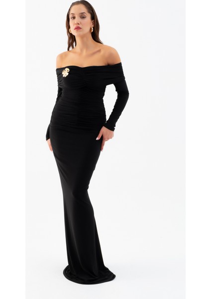 Kadın Siyah Büzgü Detay Uzun Elbise