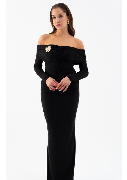 Kadın Siyah Büzgü Detay Uzun Elbise modelleri