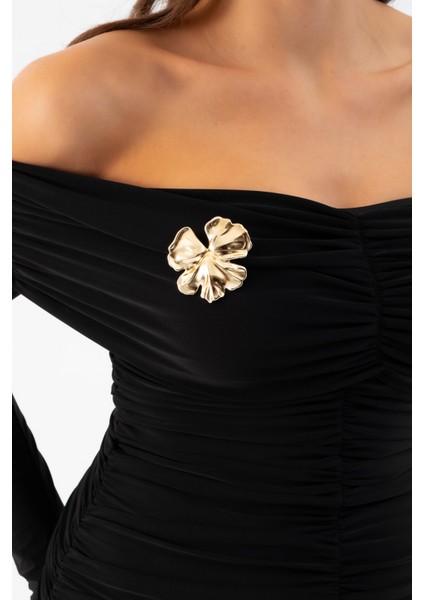 Kadın Siyah Büzgü Detay Uzun Elbise indirimleri