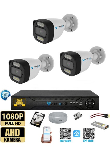 3 Kameralı Güvenlik Kamera Seti 5mp 1080P Full Hd Tam Renkli Gece Görüş Dvr Kayıt Cihazlı Tak Çalıştır Sistem