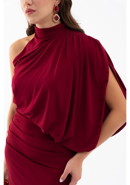 Kadın Bordo Tek Omuz Drape Detaylı Uzun Elbise fırsatları