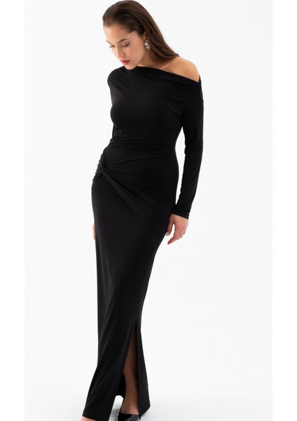 Kadın Siyah Düğüm Detay Uzun Örme Elbise modelleri