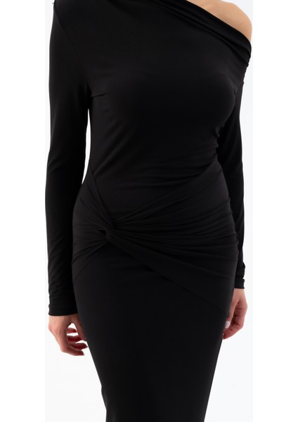 Kadın Siyah Düğüm Detay Uzun Örme Elbise indirimleri