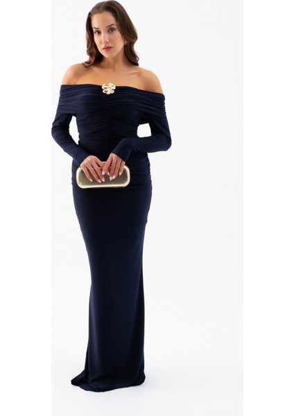 Kadın Lacivert Büzgü Detay Uzun Elbise