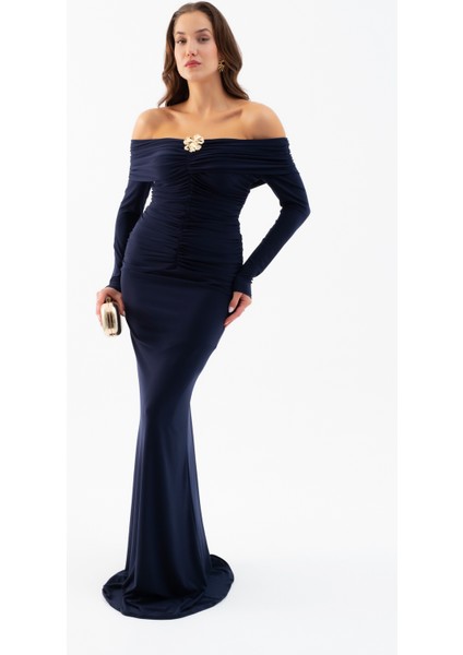 Kadın Lacivert Büzgü Detay Uzun Elbise modelleri