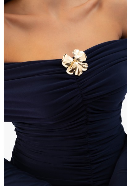 Kadın Lacivert Büzgü Detay Uzun Elbise indirimleri