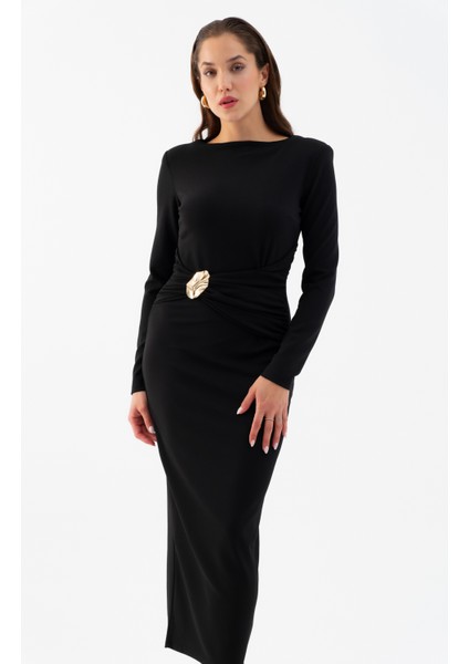 Kadın Siyah Vatkalı Bel Büzgülü Midi Elbise modelleri