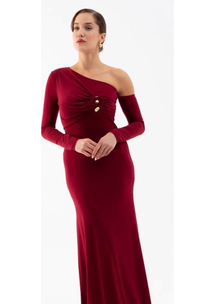 Kadın Bordo Tek Omuz Taş Aksesuarlı Maxi Elbise modelleri