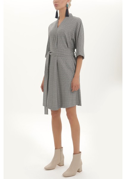 Siyah Kemerli V Yaka Bol Kesim Mini Elbise 92408